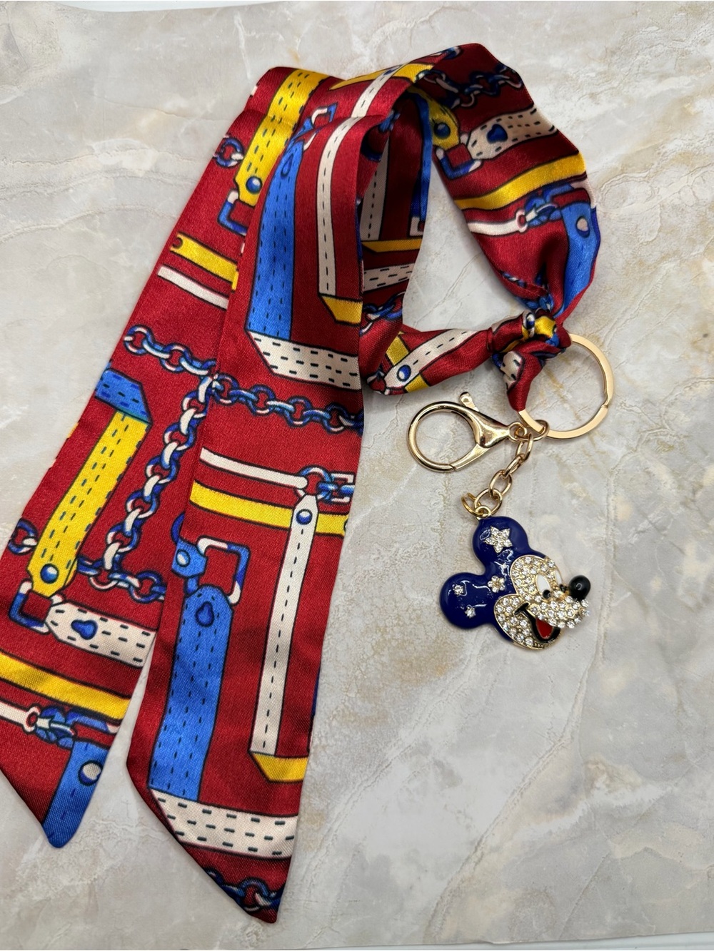 Silk-Inspired Red & Blue Scarf Keychain with Crystal Mouse Charm